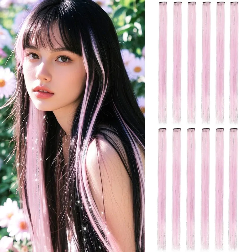 Synthetic Clip in Hair Extensions 12pcs/pack Clip in Colorful Hair Mixed Tinsels Glitter Hairpices for Women Girls Daily Party