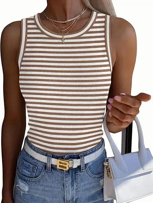 Women Striped Ribbed Tank Top 2026 Summer Casual Sleeveless Round Neck Slim Fit Vest Female Daily Streetwear Basic Undershirt