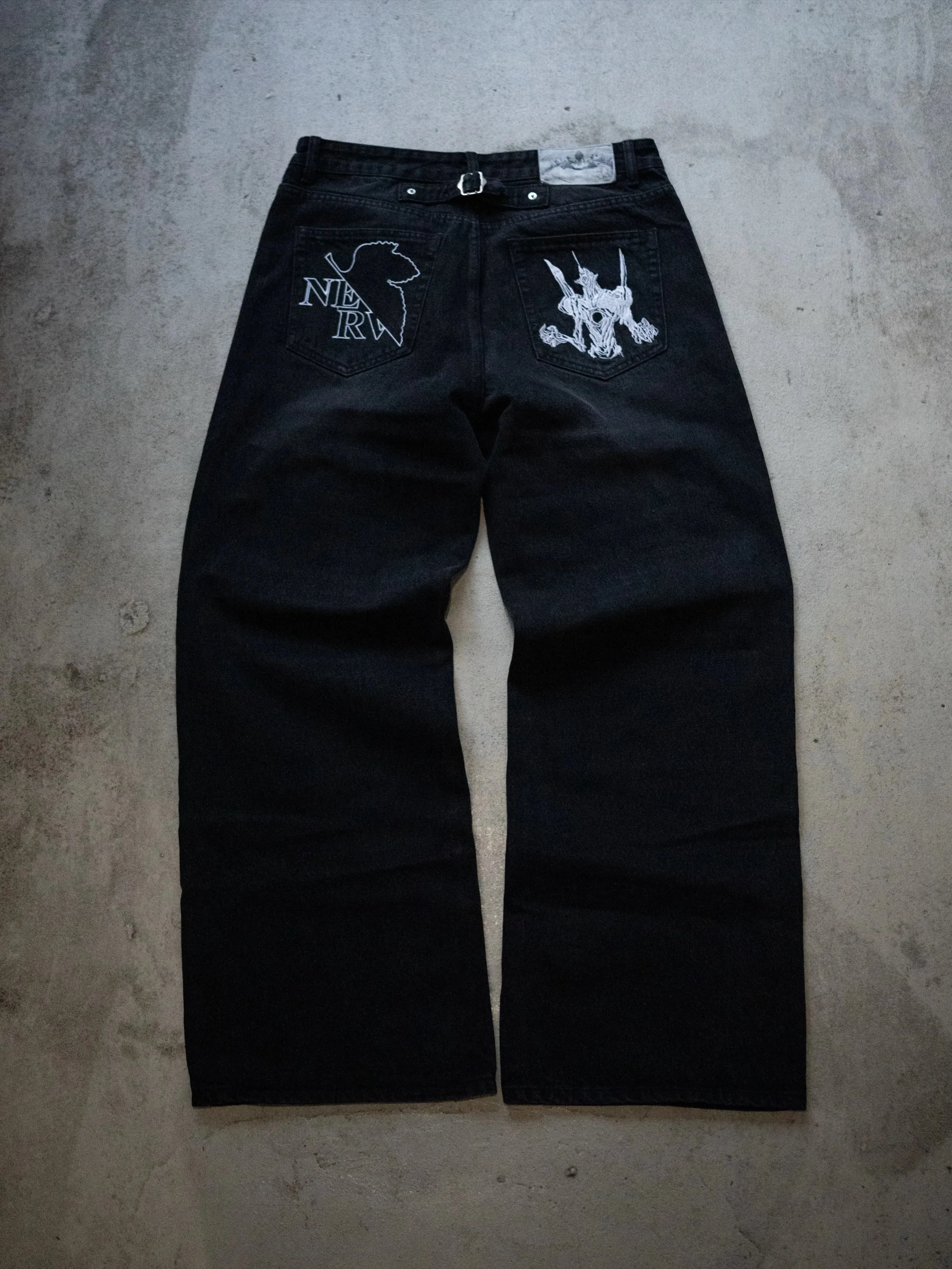 Y2K Anime Wide Leg Dark Denim Pants Angel Eye Symbol Embroidery Letter Print Adjustable Back Buckle Oversized Baggy Street Jeans