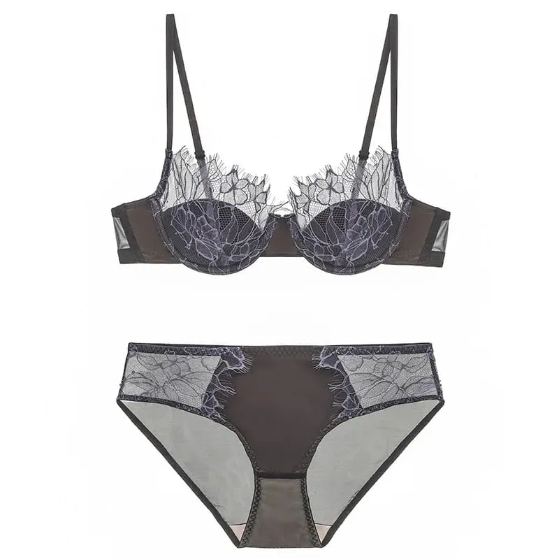 2 Pieces French Eyelashes Lace Underwear Set for Women Hollow 1/2 Thin Cup Push Up Bra Adjustable Strap Brassiere Lingerie