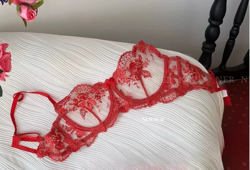 Sexy Transparent Lace Bra French Embroidery Thin Push‑Up Gather Bra For Men Crossdresser Sheer Lingerie Underwear