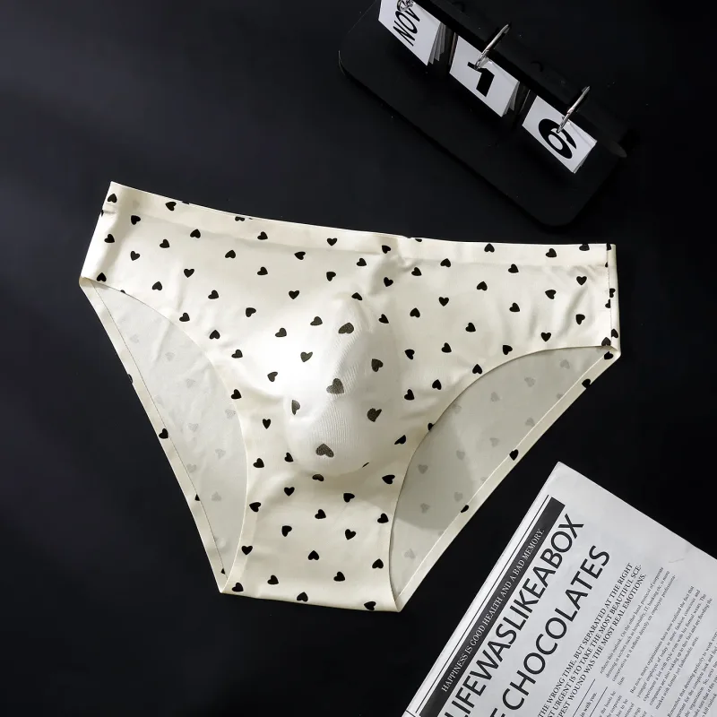 Male Seamless Ice Silk Briefs Cute Heart Bowknot Print 3D Molded Pouch Low Rise Soft Breathable Men Underpants