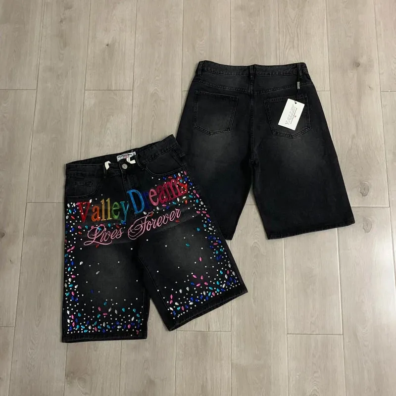 2026 Latest Style VALLEY Shiny Diamond Logo Denim Shorts Vintage Washed Men Women High Quality Fashion Skinny Jeans