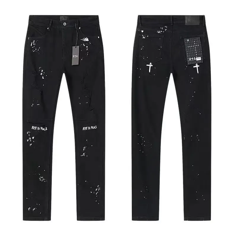 2026 RTA Men's Slim Fit Jeans Collection Distressed Ripped Paint Splatter Studded Patch Vintage Washed Streetwear Fashion Pants