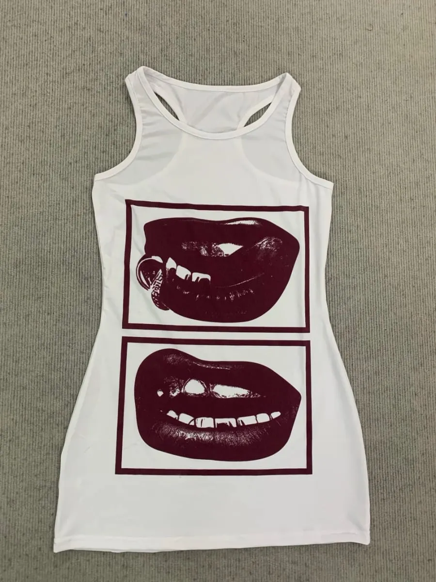 2026 New y2k Summer Lips Printed Sleeveless Bag Hip Round Neck Sleeveless Dress Punk Street Trend Fashion Personality Spicy Girl