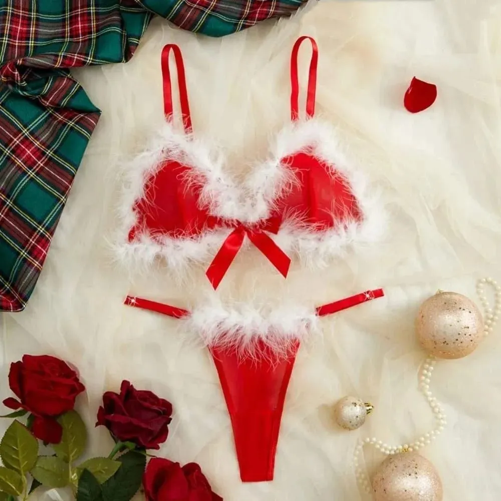 Furry Women's Underwear Mesh Transparent Bow Decor Lingerie Set Romantic Intimate Wireless Bra Panties Suit Valentine's Day