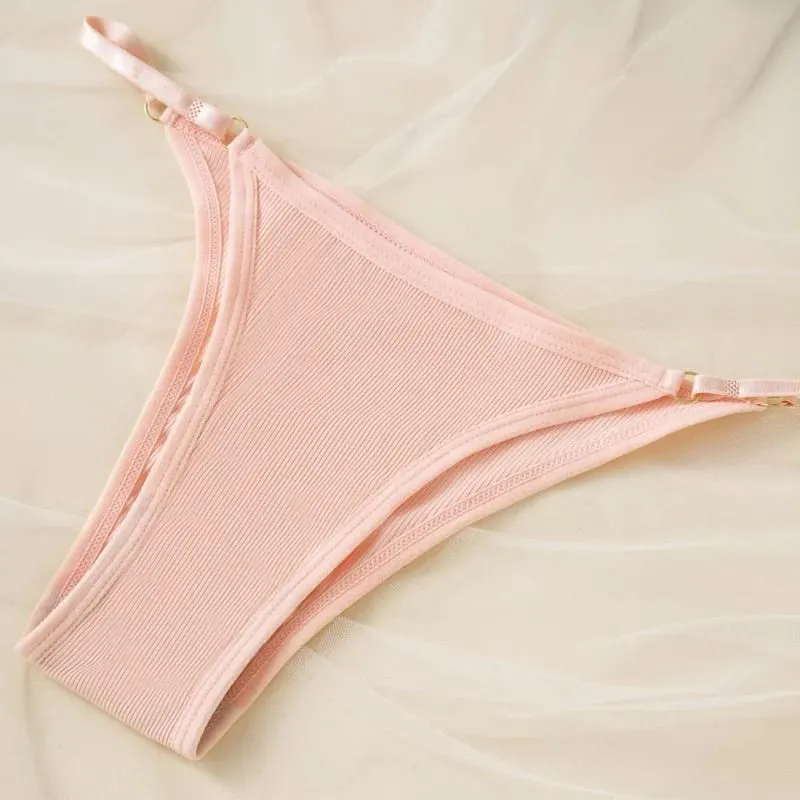 Women Ribbed Triangle Bra And Panties Set Wireless V Neck Thin Strap Bra Low Waist Briefs Ladies Removable Pads Lingerie Set