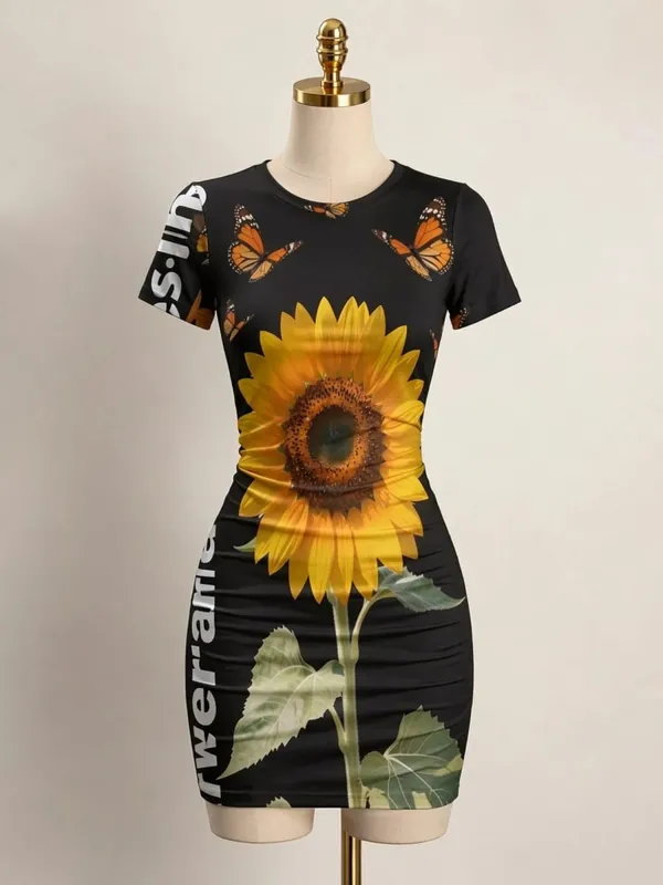 Womens Short Sleeve Bodycon Mini Dress Slim Fit Crew Neck Floral Print Casual Summer Party Cute Elegant Smooth Vacation Sundress — image 11