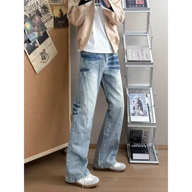 Men's Lightning Pattern Denim Jeans High Street Style Spring Blue Loose Fit Flared Pants Y2K Korean Fashion Tall Size