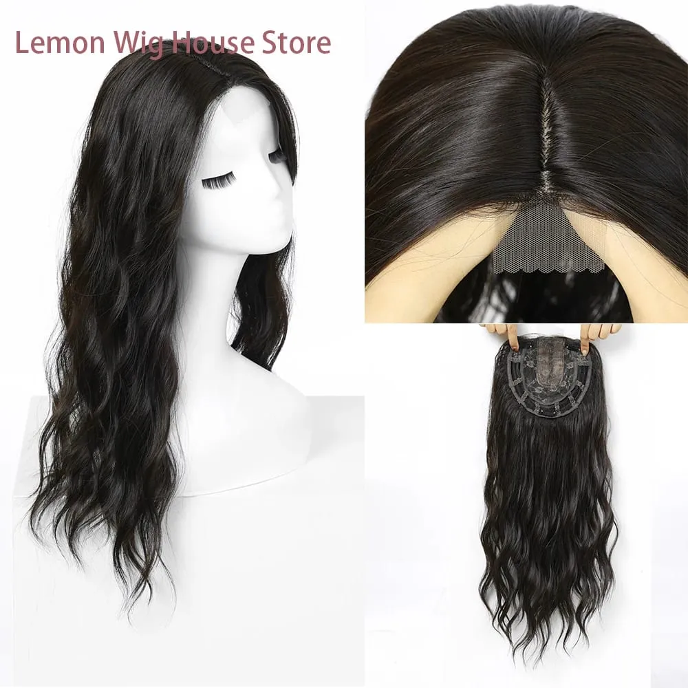 20 Inch Synthetic Long Wave Hair Topper Lace Base Hairpiece Clip on Top Hair for Women Cover Thinning Hair Breathable Wig Piece