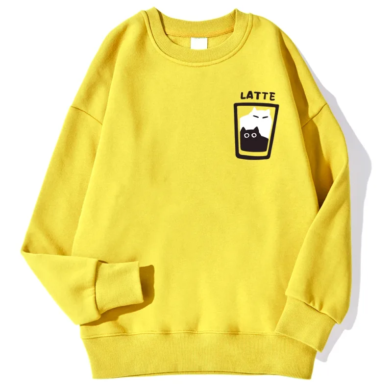Cat Latte Cartoon Design Men Sweatshirt Fashion Casual Hooded Vintage Loose Hoodies Korean Fleece Clothing
