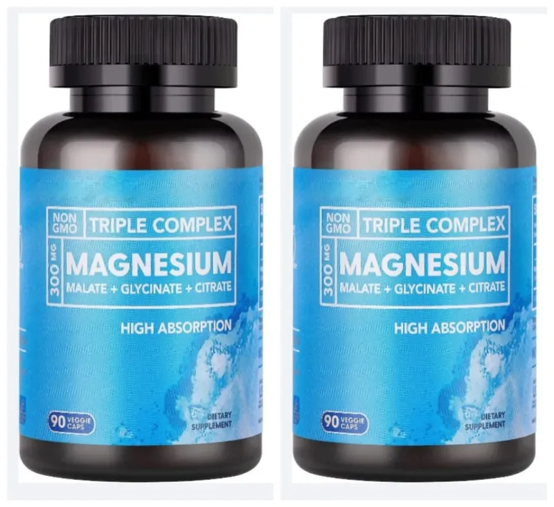 Triple Magnesium Complex 300mg Malate Glycinate Citrate High Absorption Daily Mineral Supplement Vegan Non GMO 90 Veggie Caps