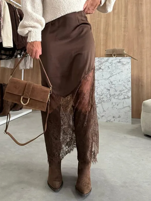 2025 Sexy Patchwork Lace Skirts Women Elegant See-through Long Skirt Casual Lady New Party Summer Evening Street Daily Midiskirt