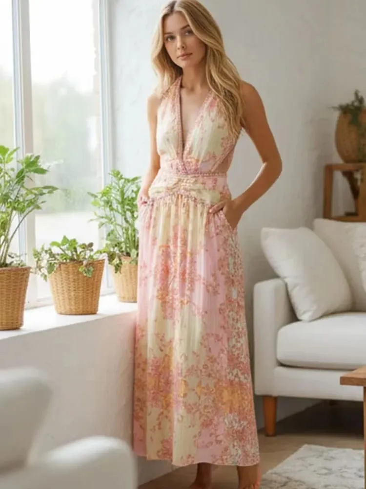 Robe dos nu imprimé Floral pour femmes, Chic, col en v, sans manches, dos nu, cintrée à la taille, Maxi, Robes de vacances, nouvelle collection été 2026 — image 3
