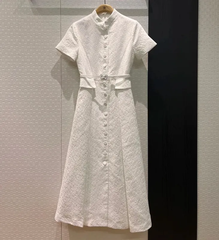 3D flowers embossed pattern 2026 spring women single breasted long dresses belt pockets dress black white — image 8