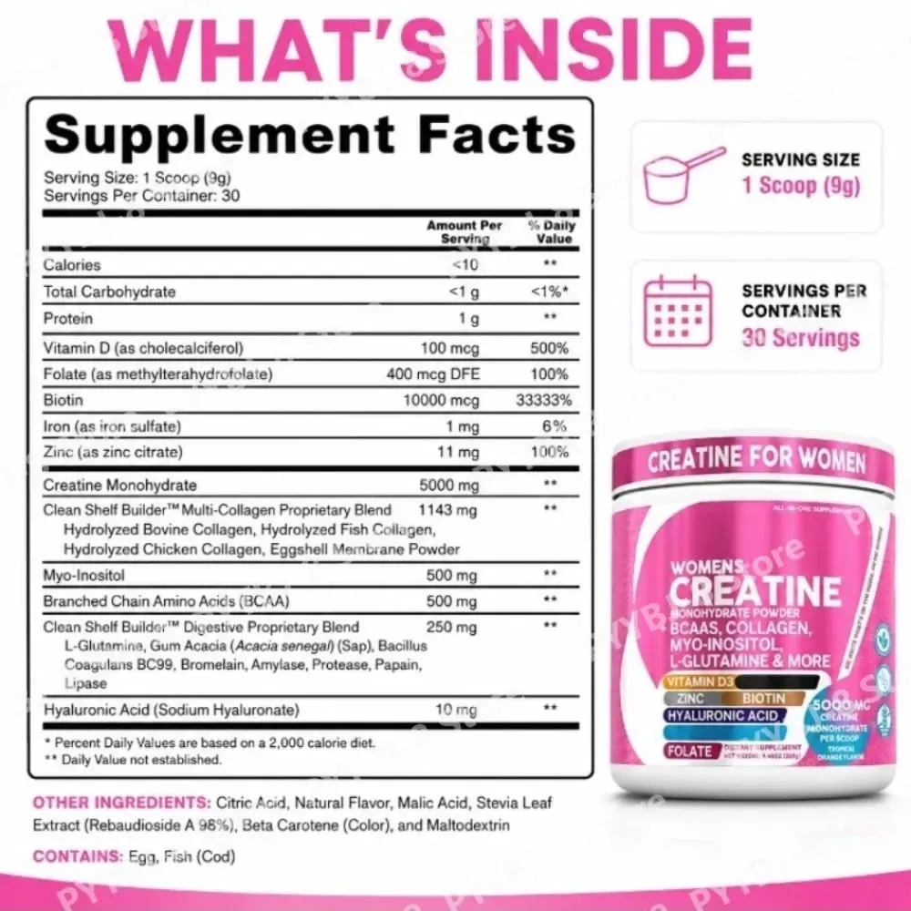 Kvinders kreatinmonohydratpulver 5000mg BCAA Multi-Collagen Biotin Vitamin D3 Tropical Orange Sports Nutrition 30 portioner