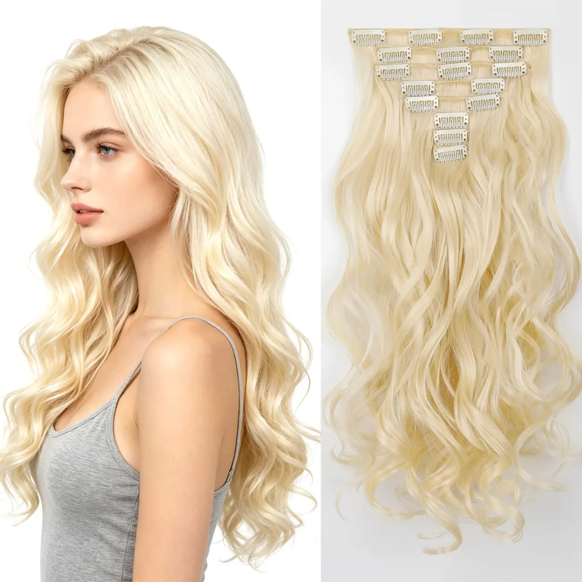 8Pcs Wavy Clip-In Hair Extensions Set 17Clips Matte Synthetic Full Head Hairpiece for Women Easy to Install