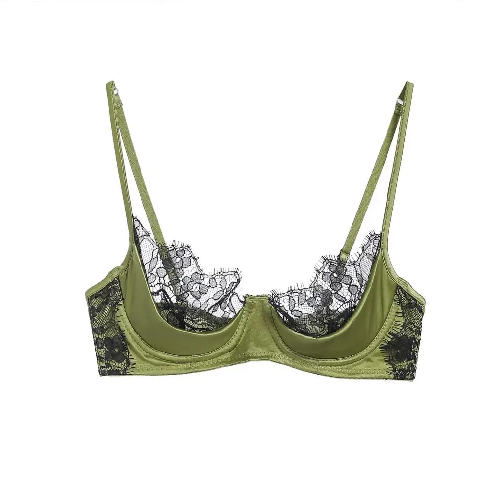 Women French Lace Half Cup Lingerie Set Green Ultra Manipis Sheer Soft Kumportable Underwire Bra Para sa Maliit na Bust 32‑38AB — image 4
