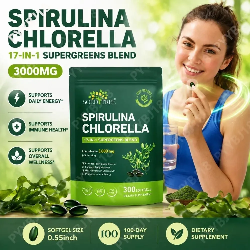 Solo Tree Spirulina Chlorella Softgels with Organic Microalgae Vitamin B6 B12 Digestive Balance & Immune Support 300 Softgels