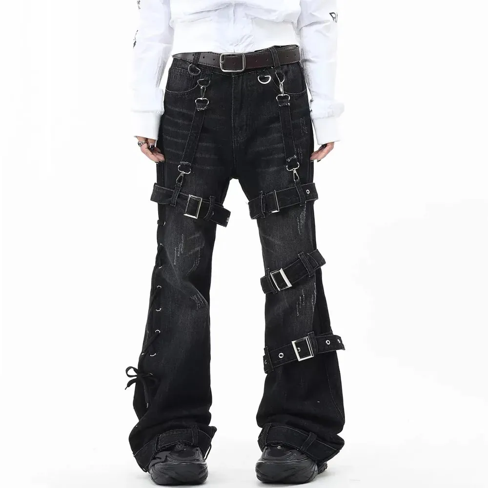 Gothic Punk Multi Buckle Strap Slim Fit Black Jeans Man Woman Ripped Vintage Techwear Bootcut Jeans — image 2