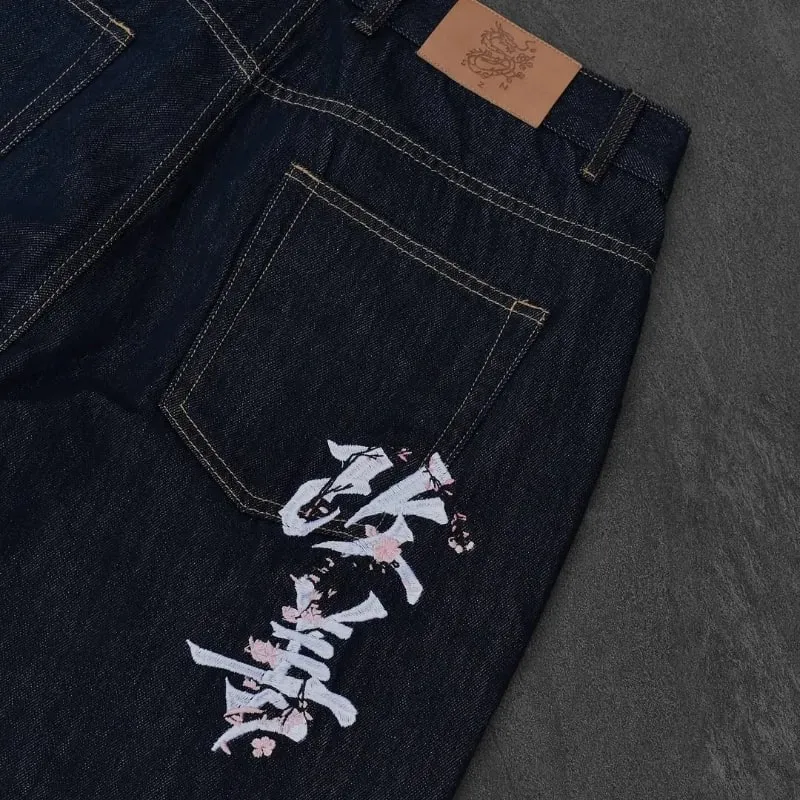 hip hop unisex woven Fromszn raw baggy jeans Y2K retro art font embroidery black jeans Harajuku washed patchwork wide leg pants