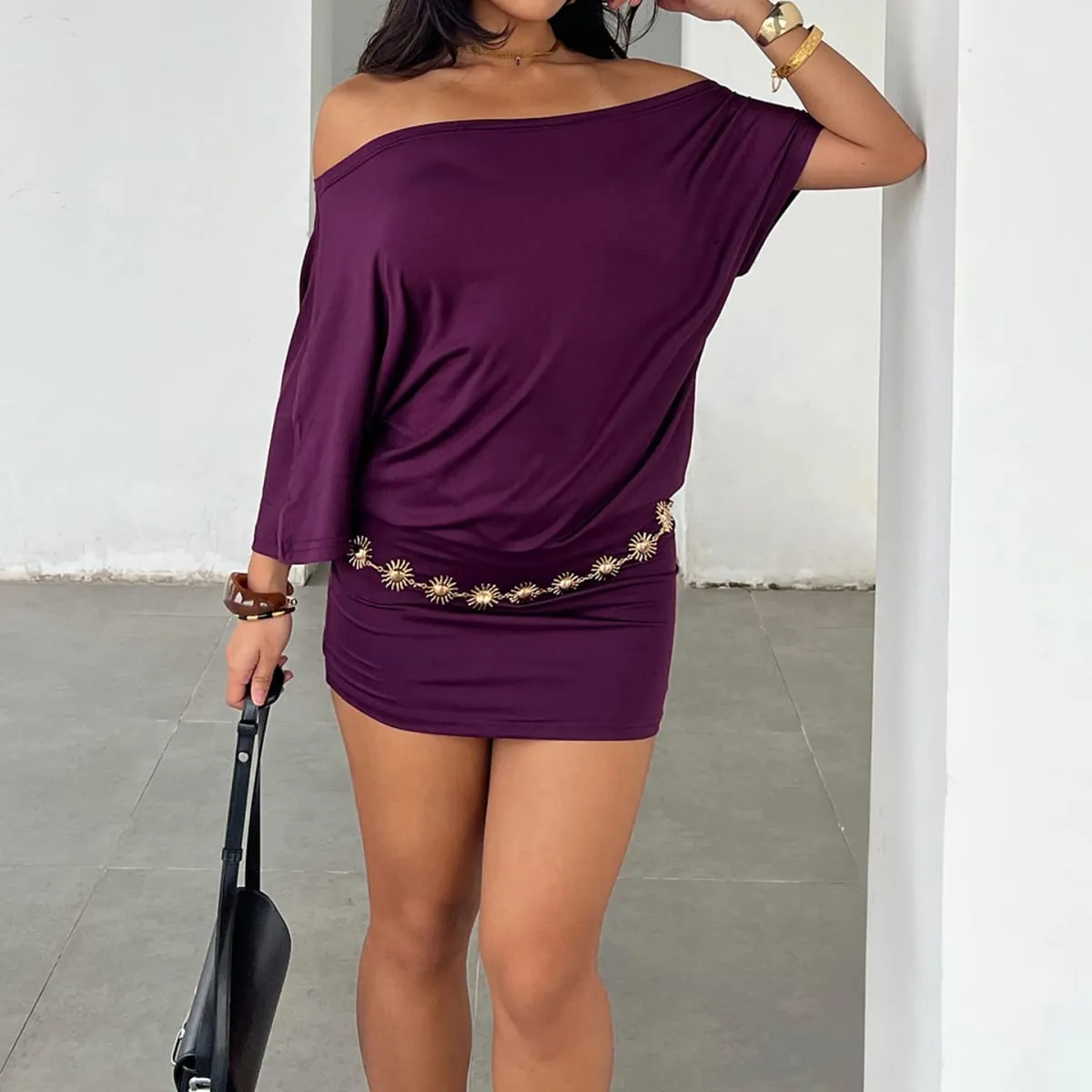 Bat Sleeve Wrap Dress Women One-Shoulder Solid Backless Bodycon Dress Evening Party Club Dress Y2K Sexy Outfits Summer — image 1
