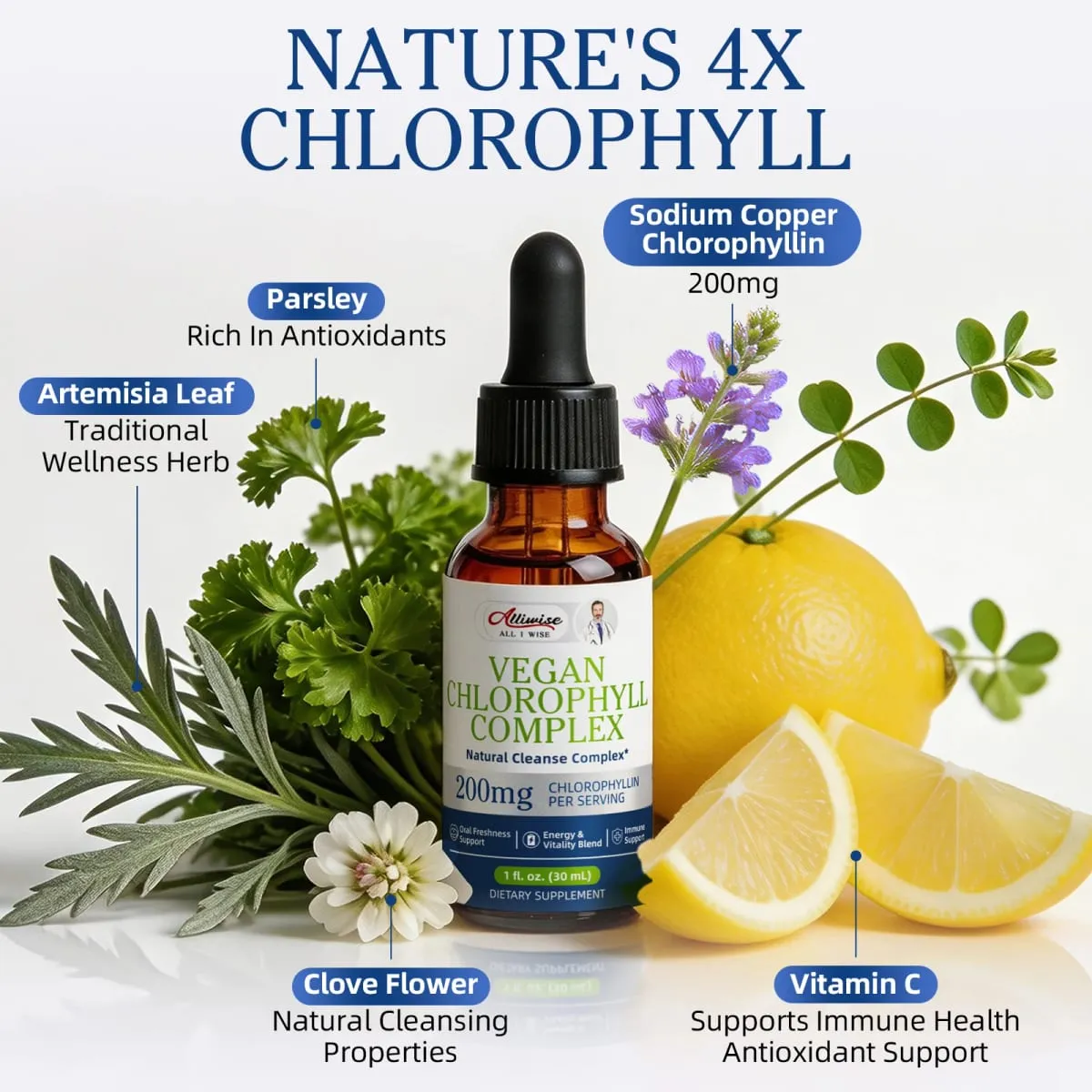 Alliwise 200mg High Potency Chlorophyll Drops for Enhanced Immunity Digestive Health Antioxidant Parsley + Vitamin C Nourishes