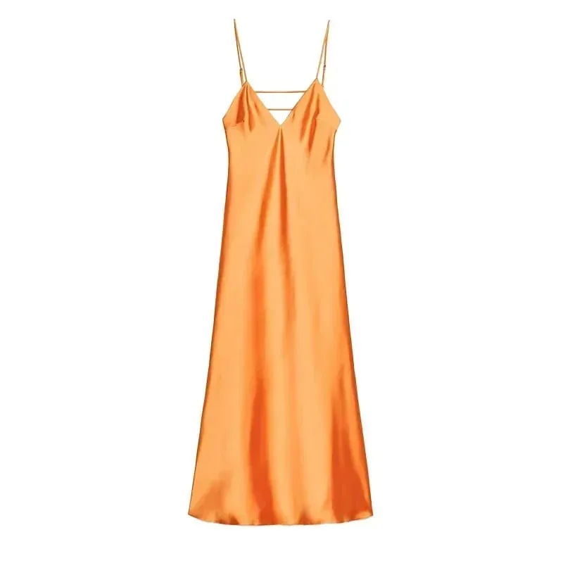 Women Solid Satin Sling Long Dress Casual Backless Sleeveless V-neck Pleated Gowns 2026 Summer Vacation Evening Party Robes