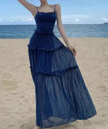 Women Strap Sleeveless Ruffles A-line Midi Maxi Long Dress 2025 Summer Beach Holiday Vacation Vestidos Dresses