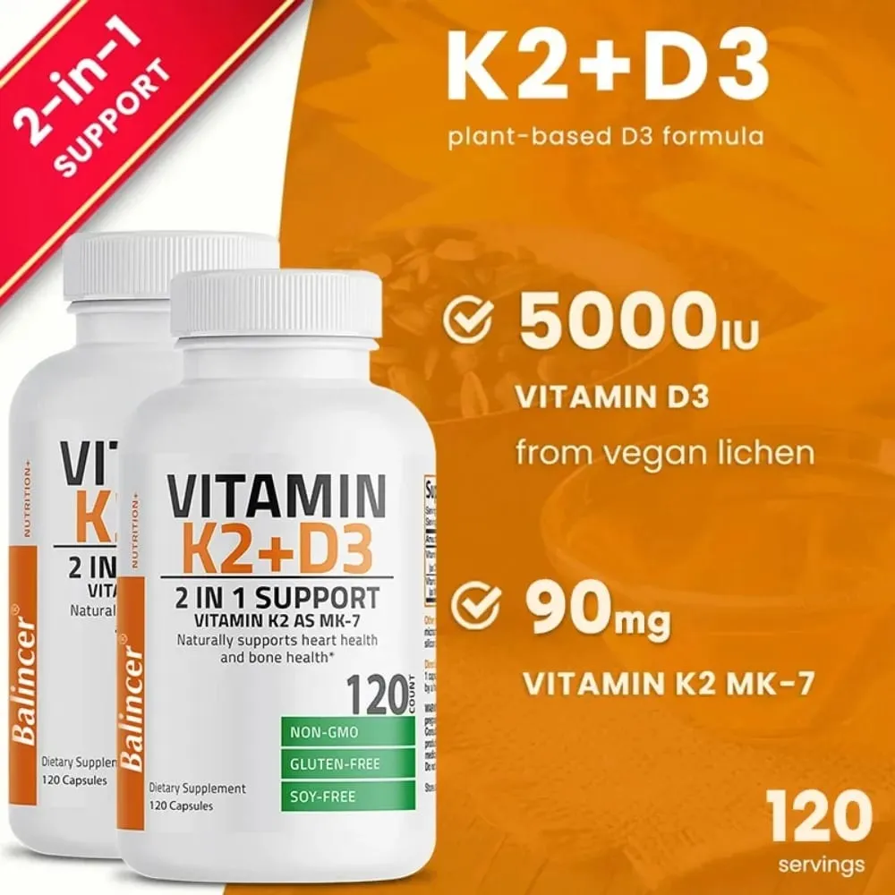 D3+K2 Vitamin D3 5000IU and 90 Mcg Vitamin K2 (MK-7) Vegan Capsules for Bone Density teeth skin heart Health and Immunity — image 4