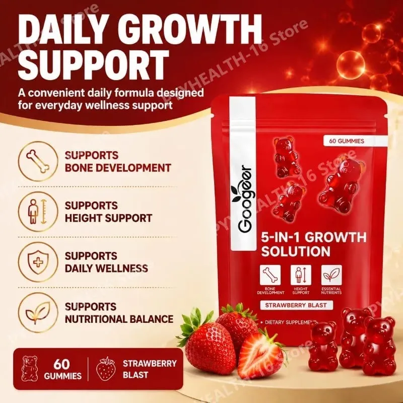 Googeer 5-IN-1 Growth Solution Gummies for Bone Development & Height Support Vitamin D3 K2 Calcium Strawberry Blast 60 Gummies