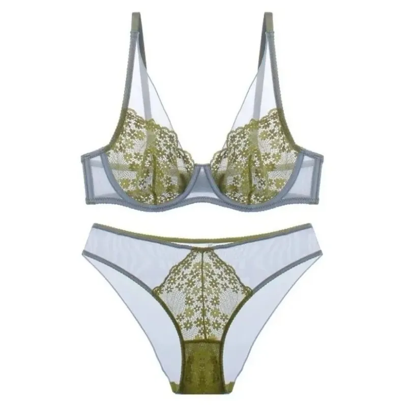 Mesh Lace Flower Bra Set Lingerie Underwear Push Up Bra Women Seamless Brassiere Mesh Bra Panties Kit Romantic Evenings