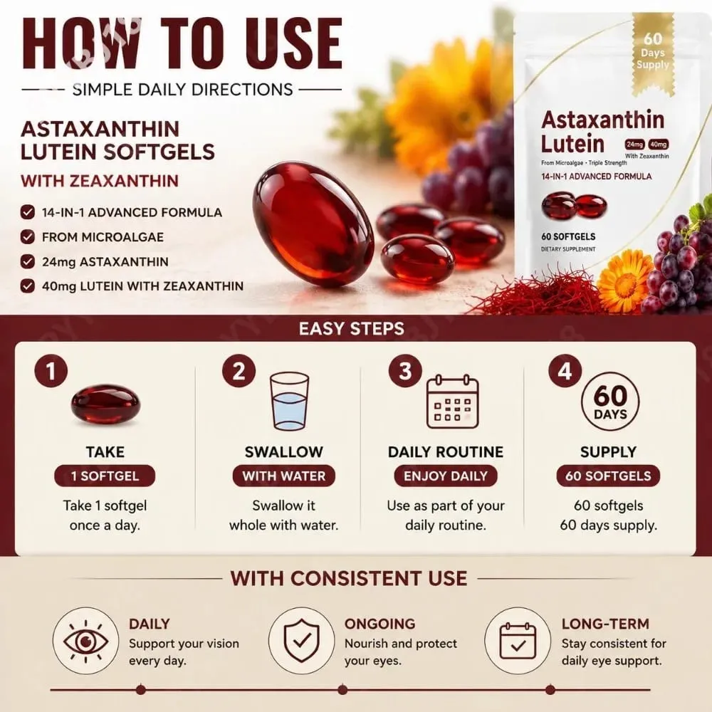 Triple Strength Eye Supplement Lutein Astaxanthin Zeaxanthin Vision Support for Screen Glare & Digital Eye Strain 60 Softgels
