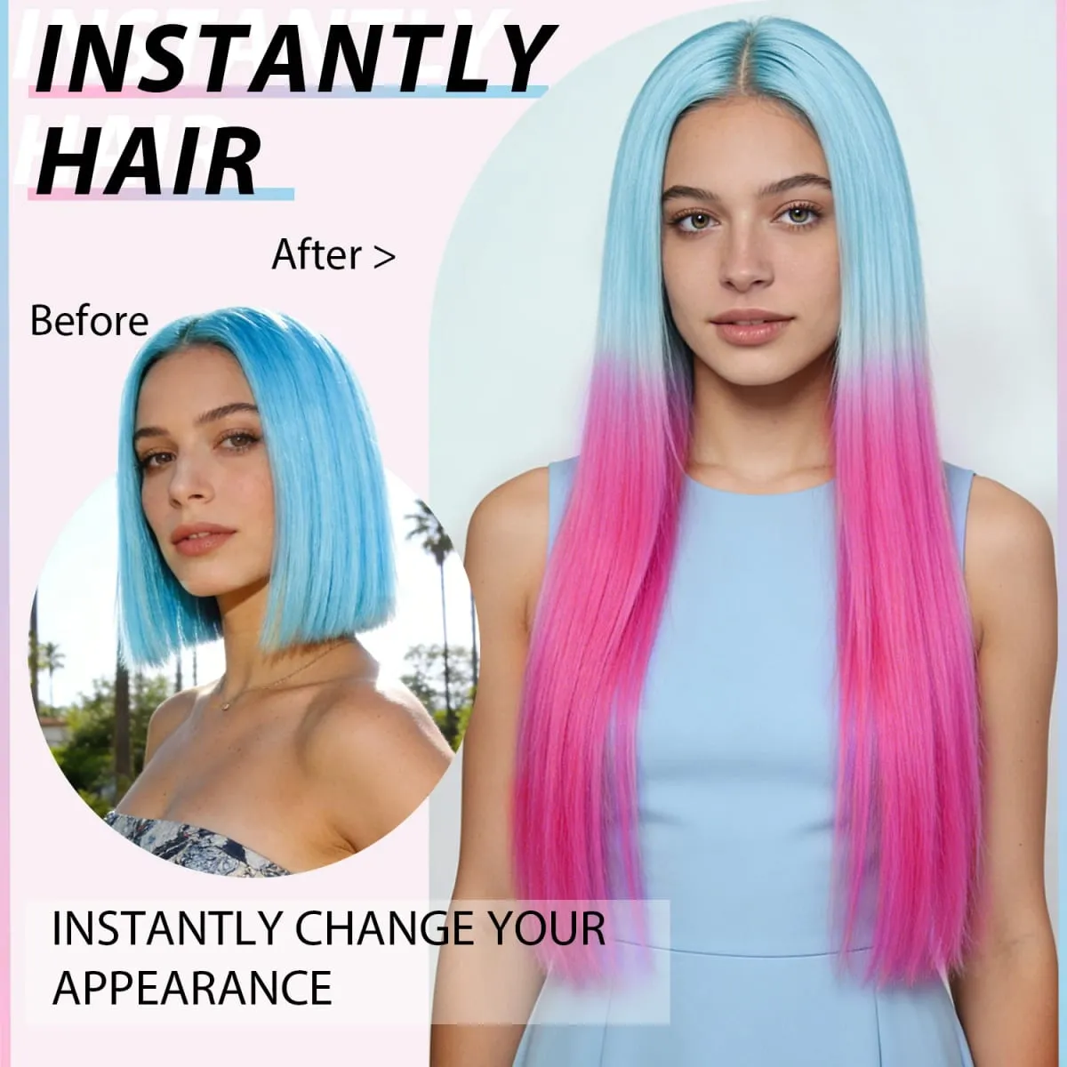 Synthetic Clip in Hair Extensions 7pcs/set Ombre Sky Blue to Hot Pink 22inch Colorful Clip in Hair Multi Styles Straight/Wavy