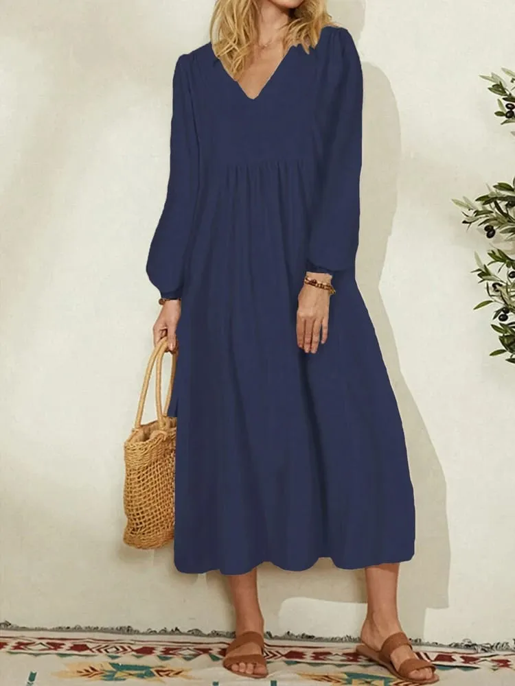 Plus Size Spring/Fall New Arrival Women's Cotton-Linen Blend Loose-Fit Bell-Sleeve Dress Casual Elegant for Everyday Wear