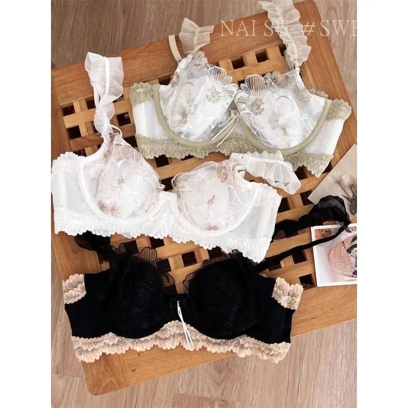 Pure Desire Minimizer Bra Rabbit Ear Cup Ultra Thin Support for Large Bust Retro Embroidered Lace Lingerie Set Women S-XL MOYISU