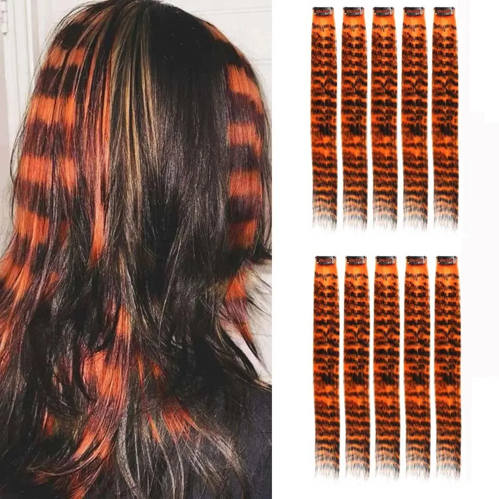 10pcs/set Stripe Printed Hair Colorful Long Straight Hair Pieces Synthetic Clip-in Hair Extensions for Daily Use Party Christmas