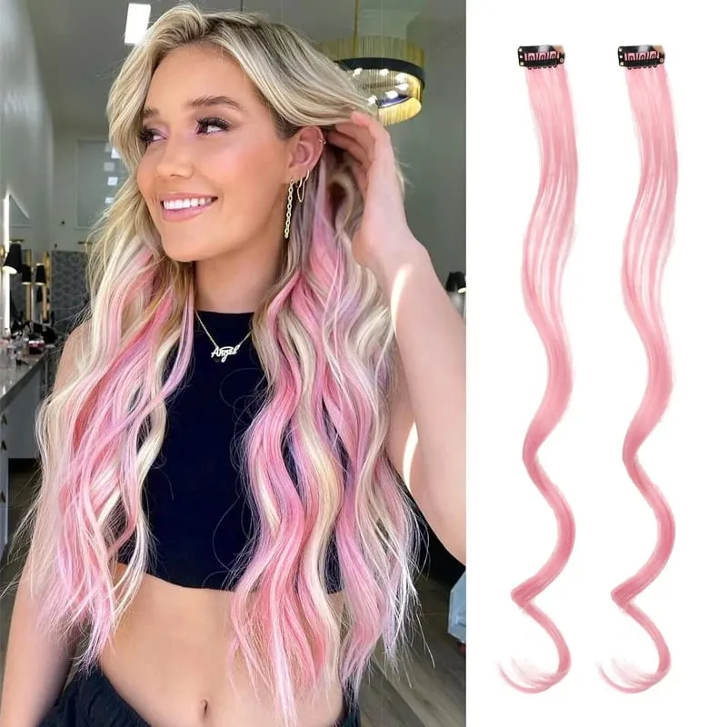 2PCS Rainbow Mixed Color Clip In Hair Extensions 20 Inch Curly Synthetic Hair for Girls Women Halloween Cosplay Party