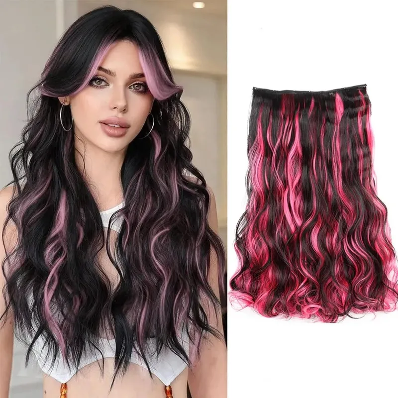 Synthetic 5Clip in Hair Curly Extension 18 Inch Curly Black Mix Blue Highlights Thick Hairpieces Fiber Hair for Women