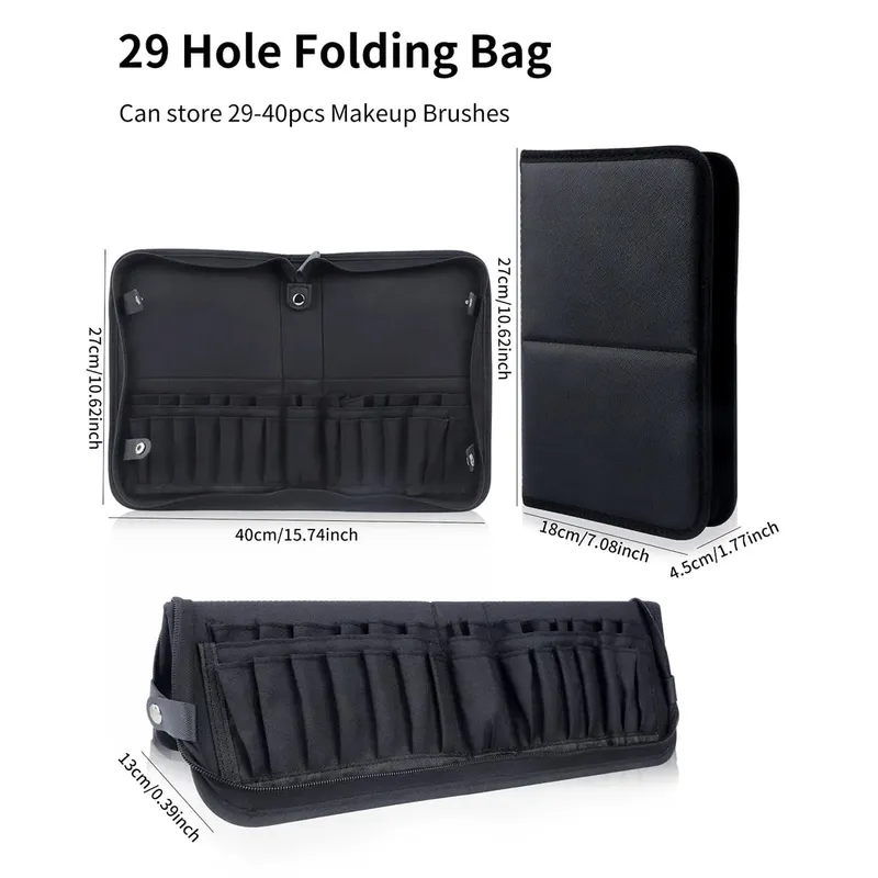 High Quality 14/23/29 Holes PU Cosmetic Makeup Brushes Pouch Portable Black Waterproof Oxford Beauty Brush Bag Organizer