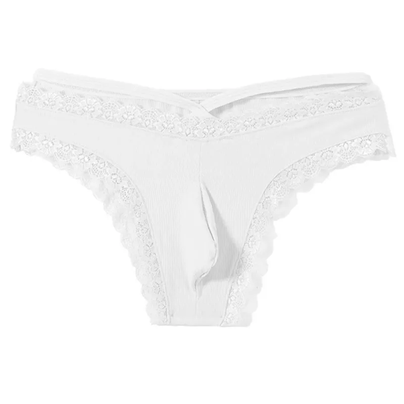 Homens rendas rrim sissy gay sem costura cuecas cueca meados de cintura bulge bolsa lingerie sólida masculina renda borda lingerie — image 3