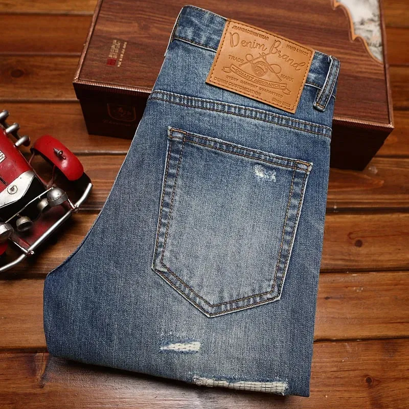 Fake ripped applique American vintage vintage jeans men's youth heavy straight leg loose conical denim pants trend