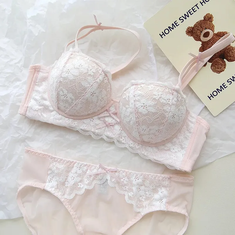 French Lace Women Bra Set Wire Free Push Up Lingerie Set Small Bust Lift Enhance Brassiere And Panty Underwear 32‑38