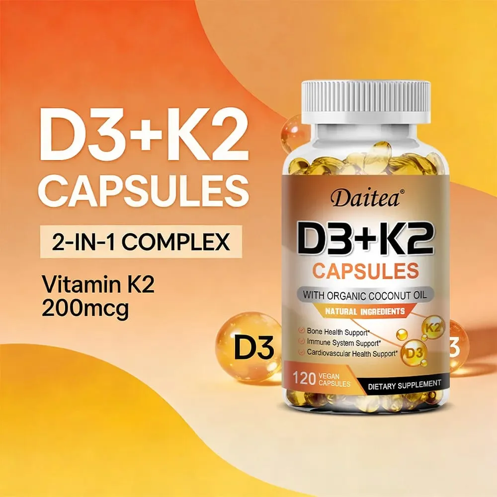 Vitamin D3 K2 Capsule - 5000 IU Vitamin D3 Promotes Strong Bones Calcium Absorption Teeth Heart Cardiovascular Health