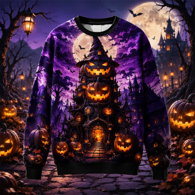 2026 New Pumpkin Print Halloween Sweatshirts Fashion Trendy Long Sleeve Holiday Wear Sweater Loose Streetwear Hip Hop Pullovers