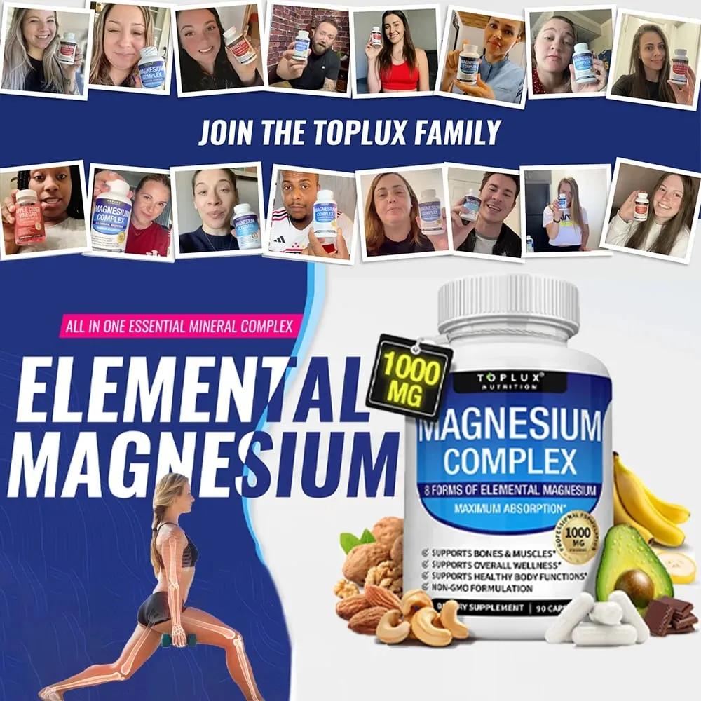 Magnesium Complex 1000MG Supplement - Magnesium Glycinate Citrate & Malate - Sleep Support Stress Relief Muscles & Relaxation