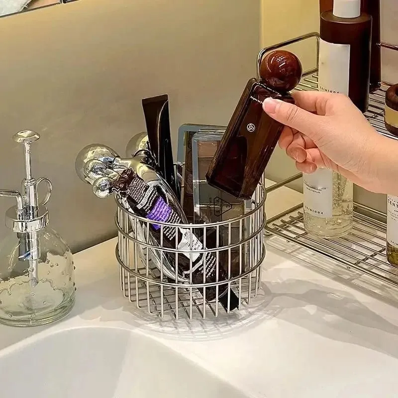 Stainless Steel Round Makeup Brushes Storage Basket Cosmetic Tools Organizer Multifunctional Perfume Lipstick Makeup Tool Holder