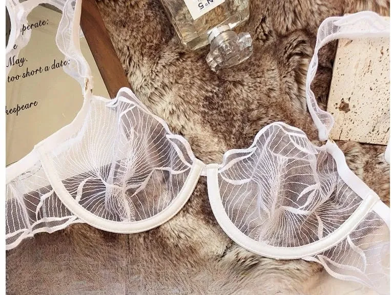 French Embroidery Lace Bra Set For Women Ultra Thin Sheer Minimizer Bra Hollow Out Lingerie Brassiere 32-38AB Elegant Daily Wear