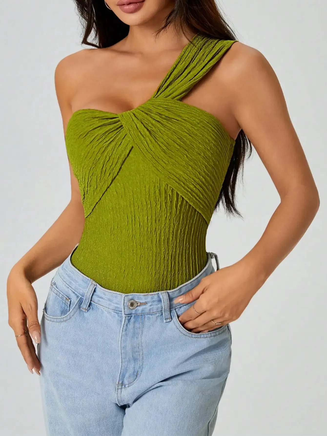 Women One Shoulder Twist Bodysuit Textured Crinkle Fabric Sleeveless Slim Fit Party Club Jumpsuit Top Green