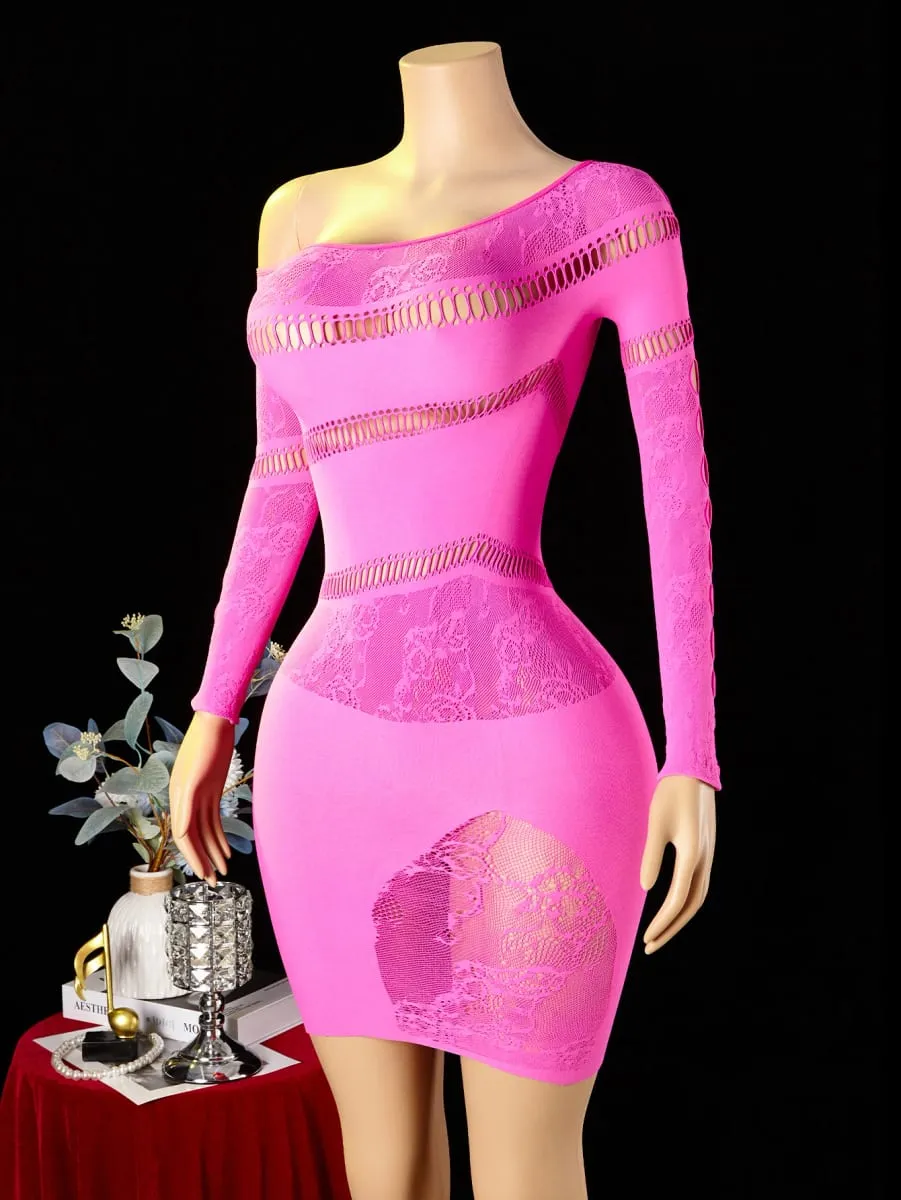 Women's Sexy Dress Asymmetrical Design Hollow Out Bodycon Dress Long Sleeve See Through Mesh Dress Club Party Street Outfit